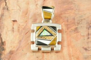 Genuine Picture Jasper, Magnesite and Black Jade inlaid in Sterling Silver. Beautiful Pendant with Fire and Ice Lab Opal Accents. Free 18